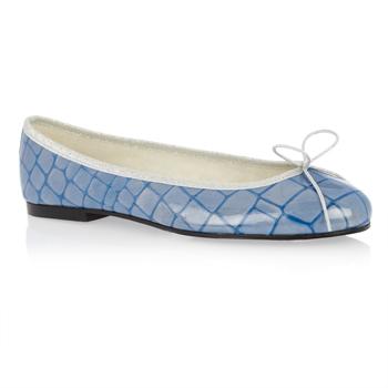 Foto French Sole Light Blue Pearlised Crocodile Effect Leather;Patent;Croc Ballet Flat.