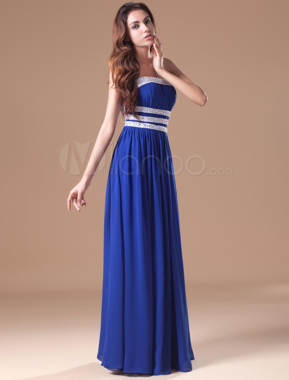 Foto Gasa azul elegante vestido de noche sin tirantes de la mujer