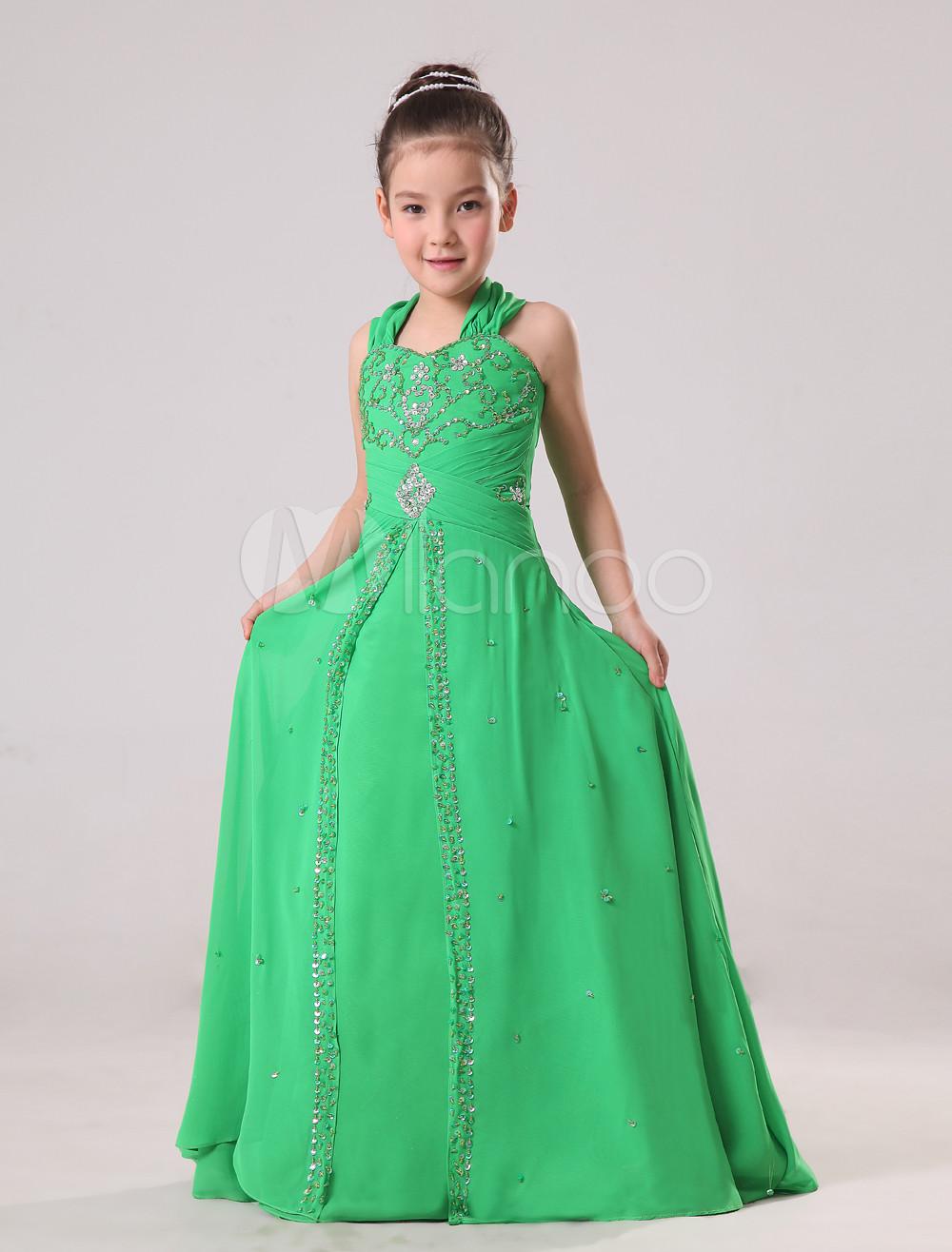 Foto Gorgeous chifón piso longitud niñas certamen vestido verde
