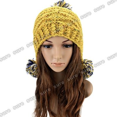 Foto Gorro De Punto Hilo Con 3 Pompon Grande Proteger Las Orejas Color Amarillo