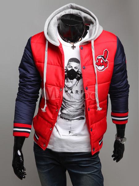 Foto Gran rojo largo mangas Color bloque terciopelo chaqueta de los hombres con capucha