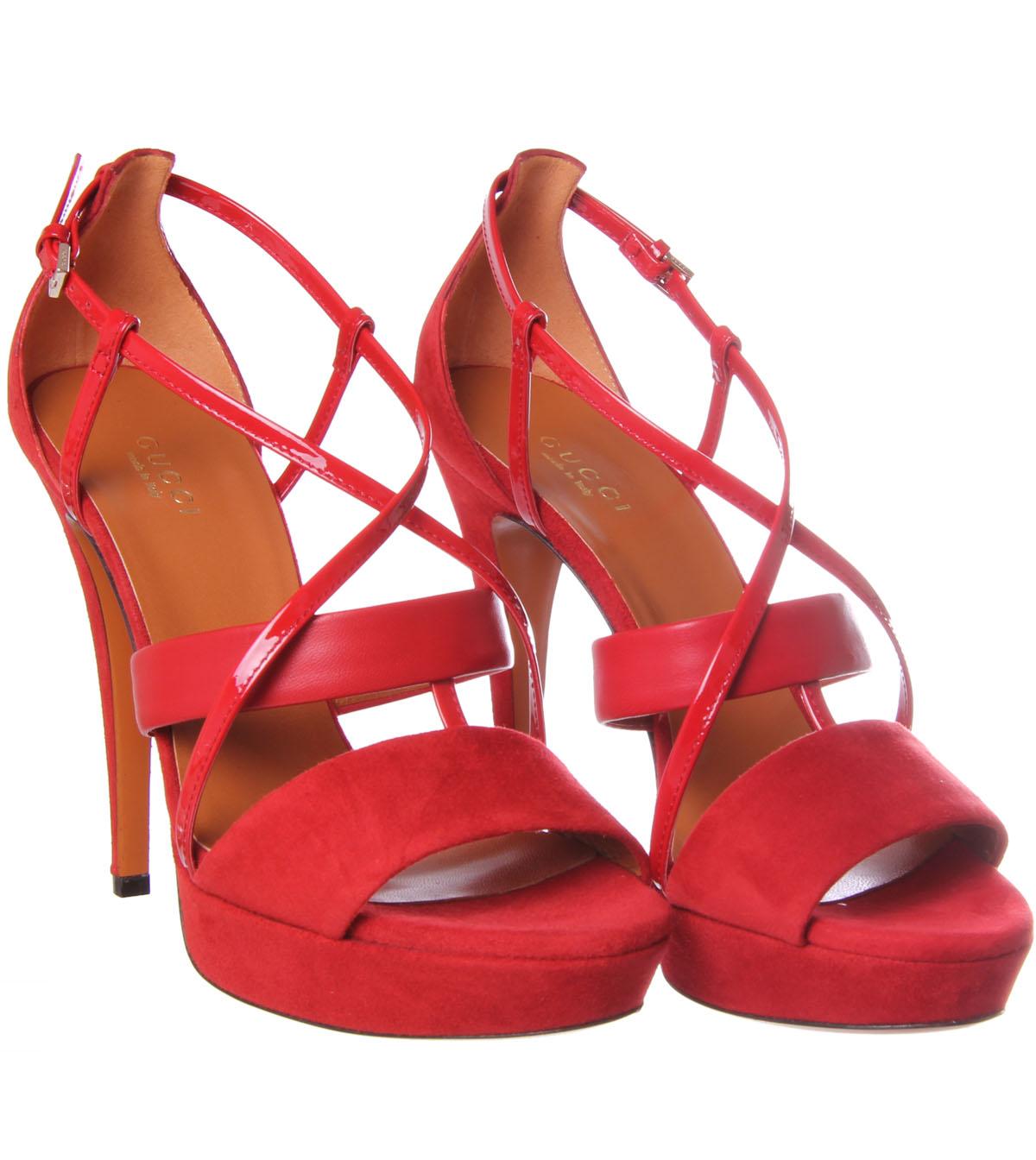 Foto Gucci Bright Red Soft Suede Open Strap High Heel Shoe