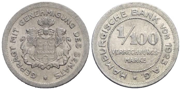 Foto Hamburger Bank von 1923 A G Alu-1/100 Verrechnungsmarke( 1923J