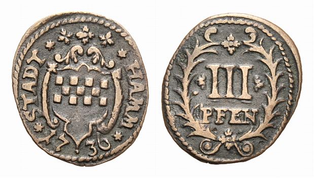 Foto Hamm-Stadt Cu-3 Pfennig 1736