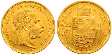 Foto Haus Habsburg 8 Gulden = 20 Francs Gold 1874