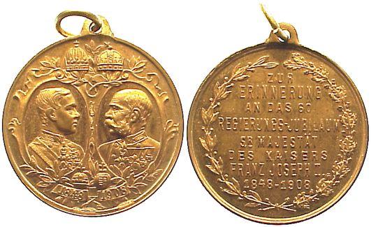 Foto Haus Habsburg Tragbare vergoldete Bronzemedaille 1908