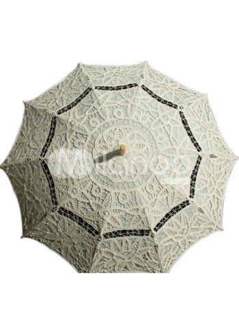 Foto Hermoso Marfil algodón soporte de acero inoxidable madera mango boda paraguas
