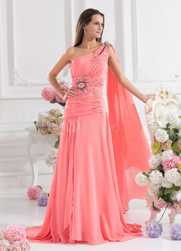 Foto Hermoso vestido rosa de caramelo Rhinestone gasa un hombro tribunal tren moda vestido de fiesta