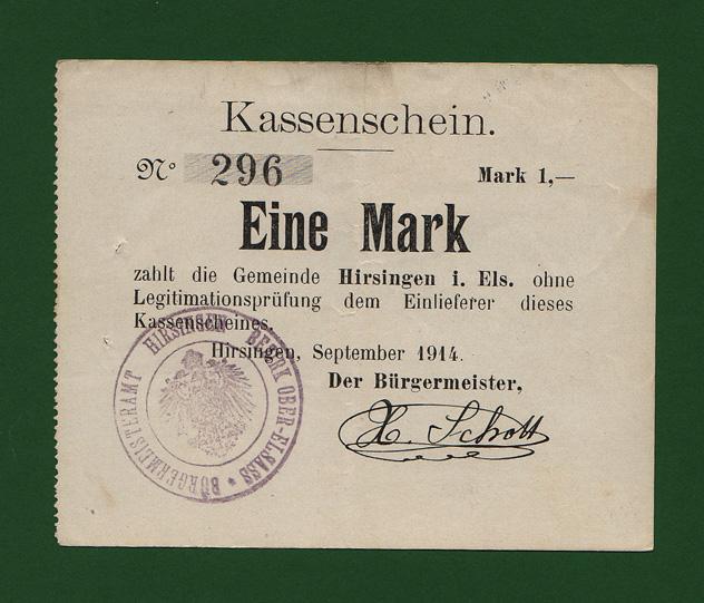 Foto Hirsingen,Ober-Elsaß Eine Mark, Nr 296 Sep1914
