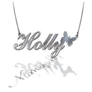 Foto Holly - Collar con nombre y mariposa en oro blanco de 14 quilates