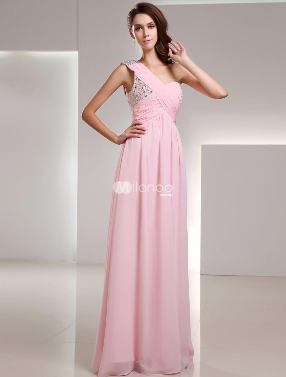 Foto Imperio cintura Rosa gasa lentejuelas de un solo hombro piso-longitud moda vestido de fiesta