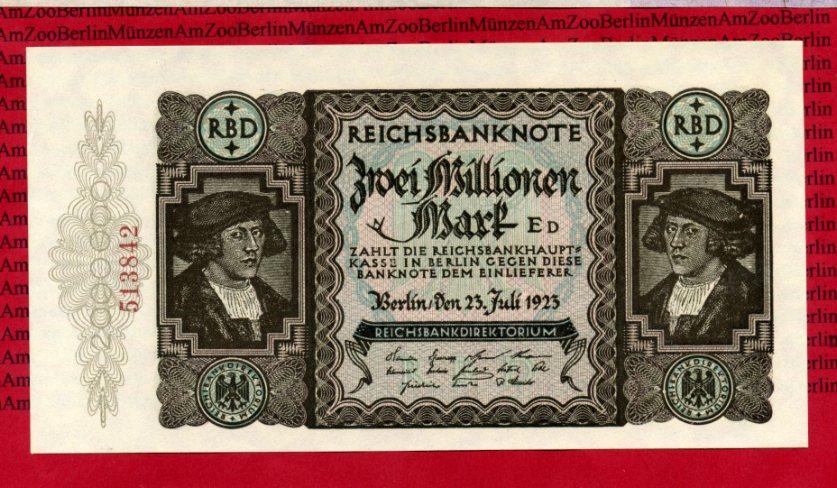 Foto Inflation Dt Reich 1919 1924 2 Millionen Mark Reichsbanknote 1923