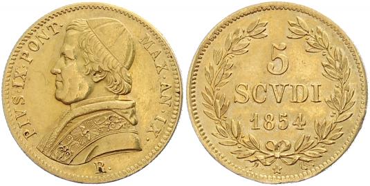 Foto Italien-Kirchenstaat 5 Scudi Gold 1854