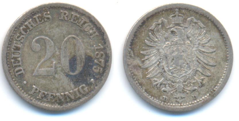 Foto Kaiserreich: Kleinmünzen 20 Pfennig 1875 D