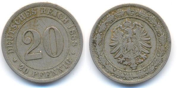 Foto Kaiserreich: Kleinmünzen 20 Pfennig 1888 F