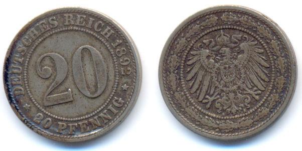 Foto Kaiserreich: Kleinmünzen 20 Pfennig 1892 A