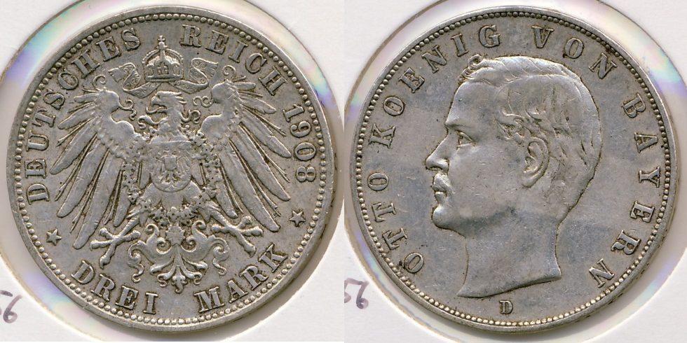 Foto Kaiserreich Bayern 3 Reichsmark 1908 D