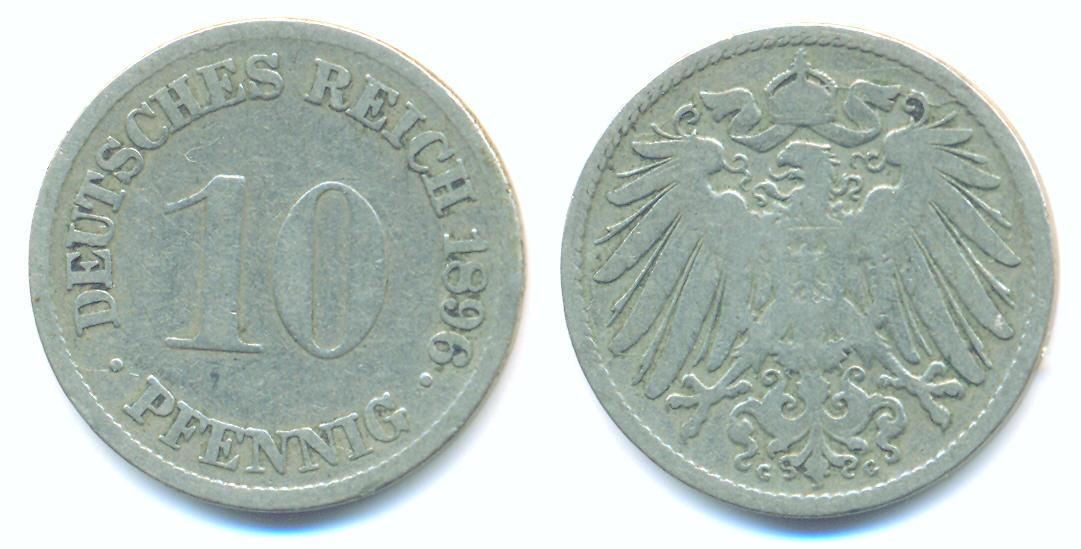 Foto Kaiserreich Kursmünzen: 10 Pfennig, 1896 G,