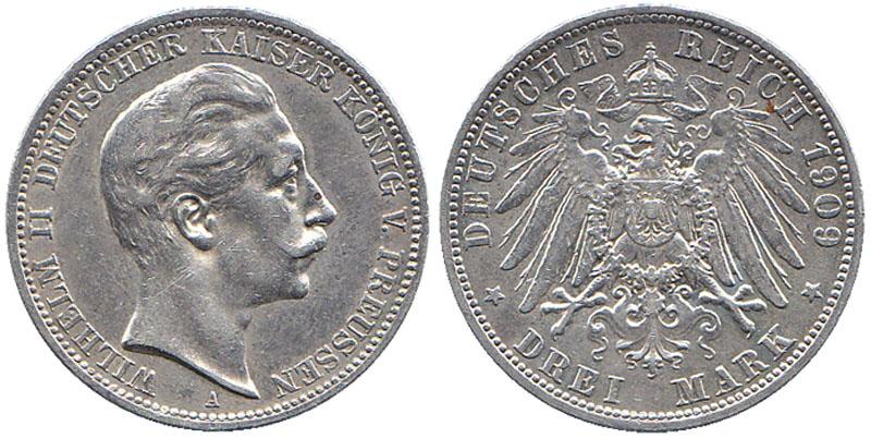 Foto Kaiserreich Preussen 3 Mark 1909 A