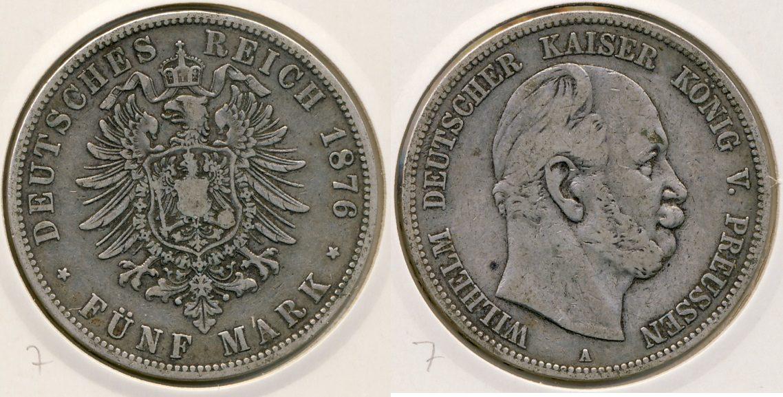 Foto Kaiserreich Preussen 5 Reichsmark 1876 A