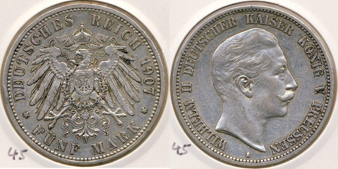 Foto Kaiserreich Preussen 5 Reichsmark 1907 A