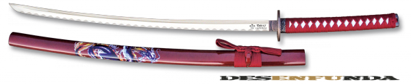 Foto Katana Toledo Imperial mango encordado y hoja de acero carbono máxima dureza tamaño 69 cm con peana 31895