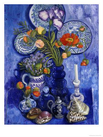 Foto Lámina giclée Blue Still Life with Poppies and Shells de Isy Ochoa, 41x30 in.