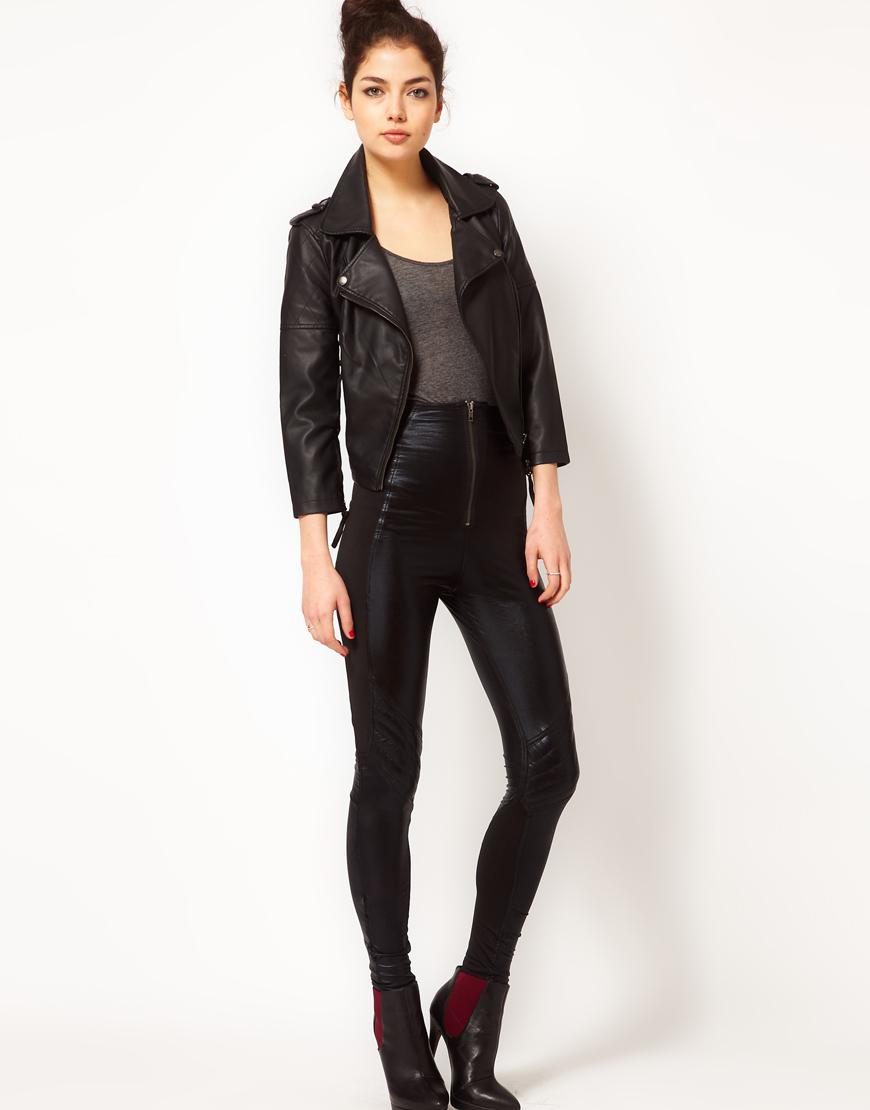 Foto Leggings biker de efecto cuero de Religion Negro