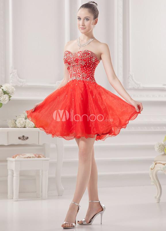 Foto Linda novia de Organza rebordear cuello rojo rodilla vestido de fiesta