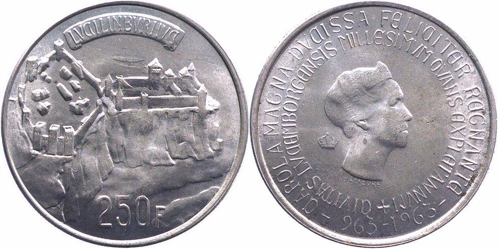 Foto Luxemburg 250 Francs Silber 1963