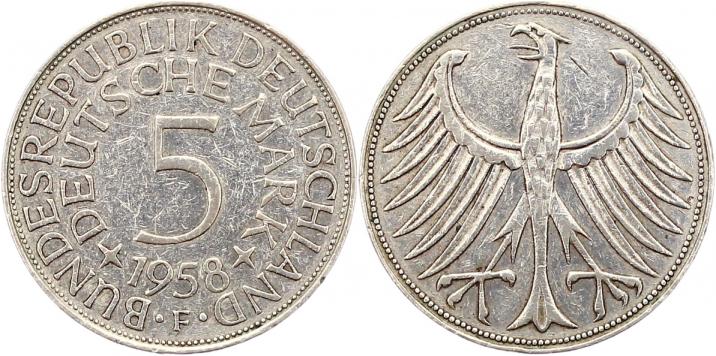 Foto Münzen der Bundesrepublik Deutschland 5 Mark 1958 F