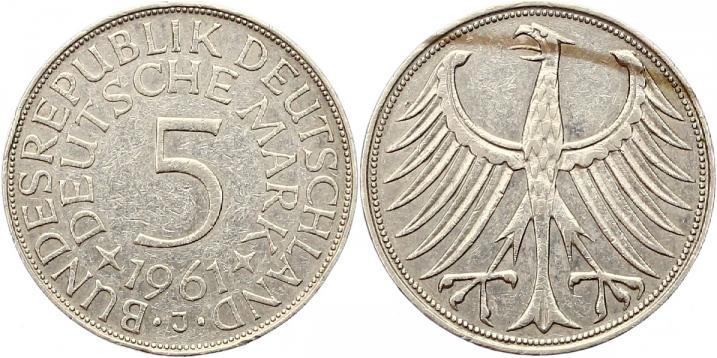 Foto Münzen der Bundesrepublik Deutschland 5 Mark Silber 1961 J