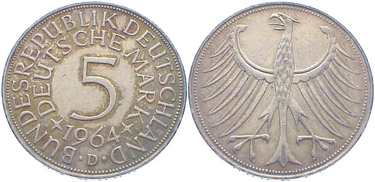 Foto Münzen der Bundesrepublik Deutschland 5 Mark Silber 1964 D