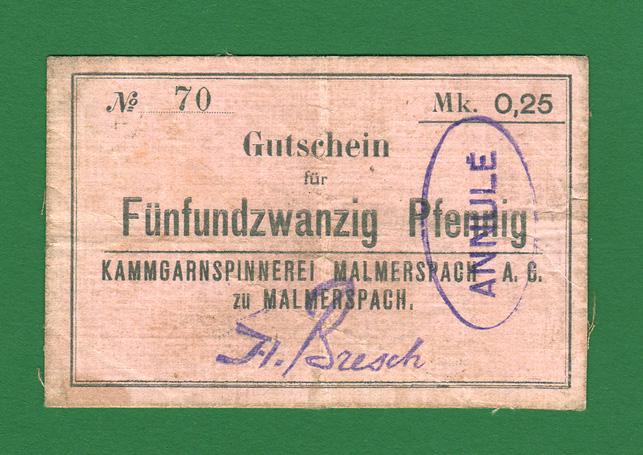 Foto Malmerspach,Elsaß Fünfundzwanzig Pfennig Weltkr 1914