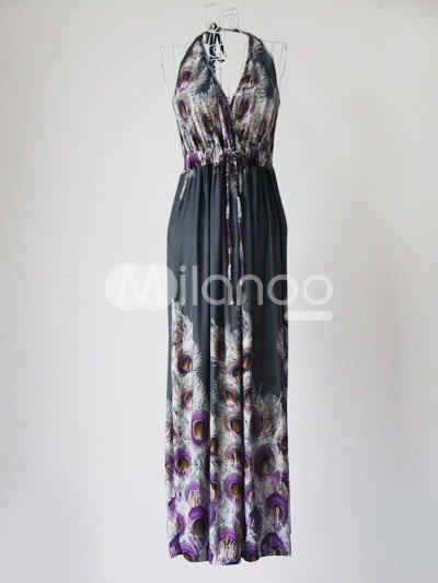 Foto Maravilloso gris 100% plumas de viscosa estampado vestido Maxi para mujer