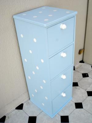 Foto Mesa con cajones azul con puntos blancos.