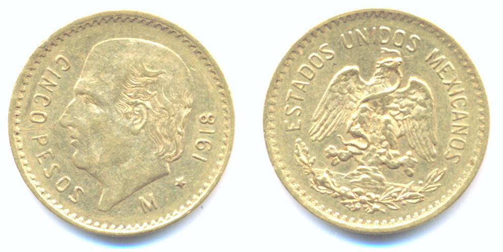 Foto Mexico: 5 Pesos Gold 1918 M,