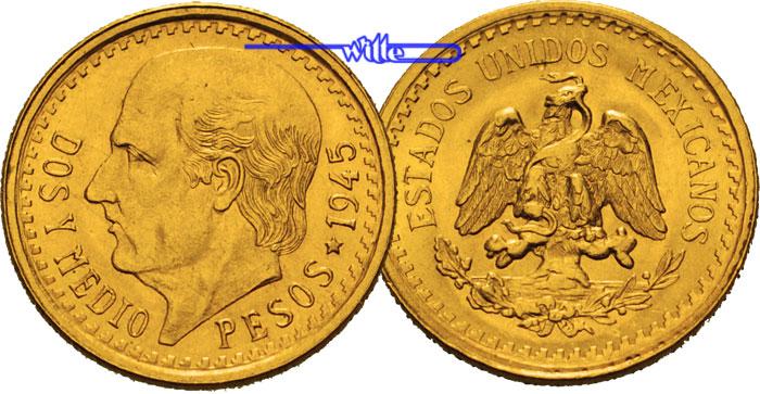 Foto Mexiko 2,5 Pesos, 1,87g fein 15 mm Ø 1945