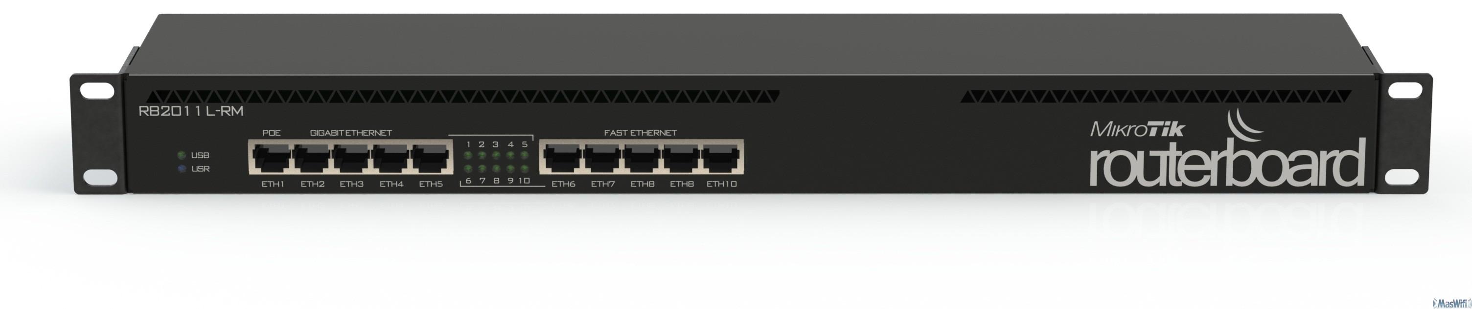 Foto Mikrotik RB2011L-RM RouterBOARD 10 Puertos LAN (5 Gigabit), Atheros 600MHz, 64MB RAM, PoE, Nivel 4, Rack 1U