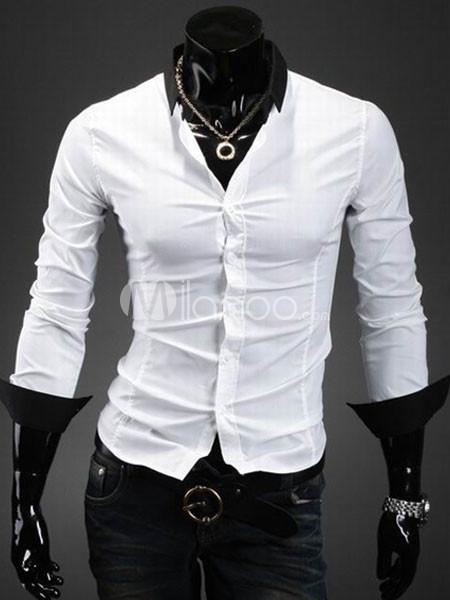 Foto Moda Casual camisa de algodón mezcla Turndown Collar hombres blanca