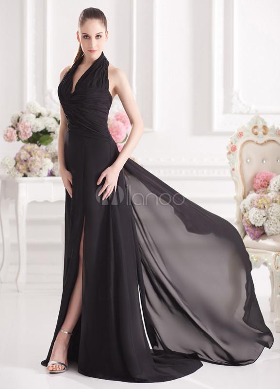 Foto Moderno vestido negro gasa cabestro tribunal tren vestido de fiesta