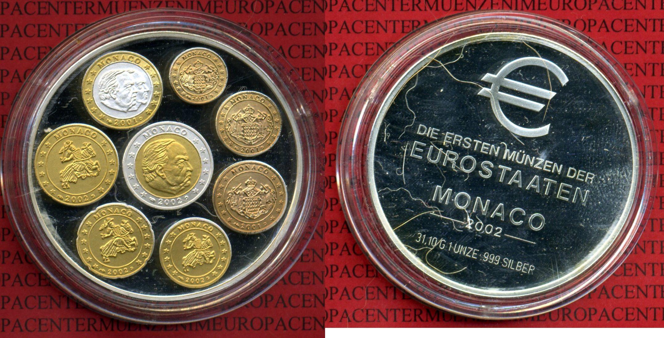Foto Monaco Erste Münzen der Euro Staaten Silbermedaille Unze mit Farbappli