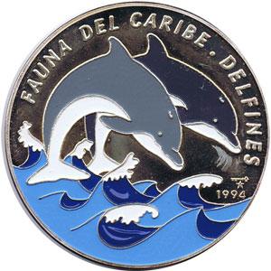 Foto Moneda 5 onzas de plata 50p. Cuba Fauna del caribe Delfines 1994
