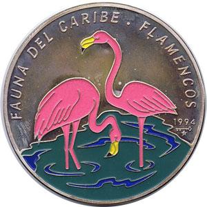 Foto Moneda 5 onzas de plata 50p. Cuba Fauna del caribe Flamencos 95