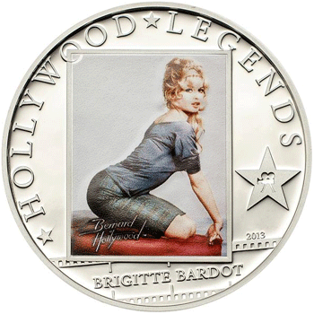 Foto Moneda de plata 5$ Islas Cook 2013. Brigitte Bardot.