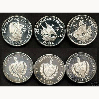 Foto Monedas de plata 5 pesos Cuba Las 3 carabelas. 3mon. 1981.