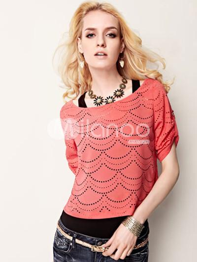 Foto Naranja 2-pieza encaje diseño onda Spandex blusa de la mujer