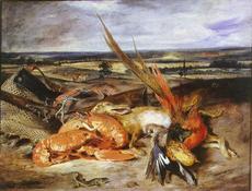 Foto Naturaleza muerta con bogavante y trofeos de caza y pesca de Eugene Delacroix