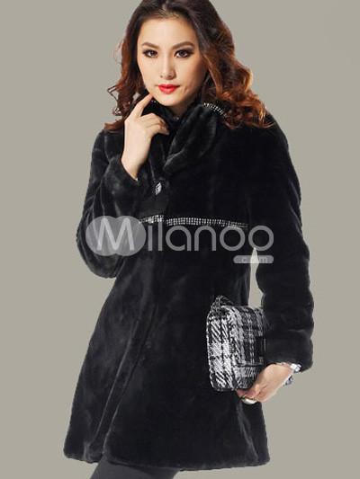 Foto Negro abrigo de piel de la mujer del poliester de acrílico Rhinestone