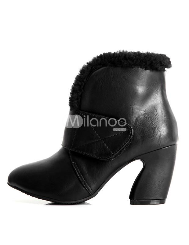 Foto Negro botines de tacón alto almendra de mujer de tacón grueso del dedo del pie de la PU